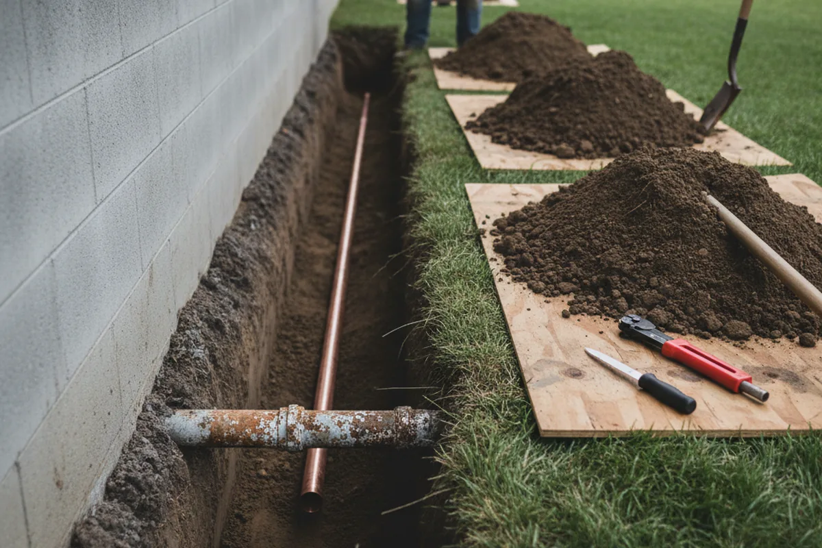 Excavated water line trench during Sewer Line Repair in Diggs